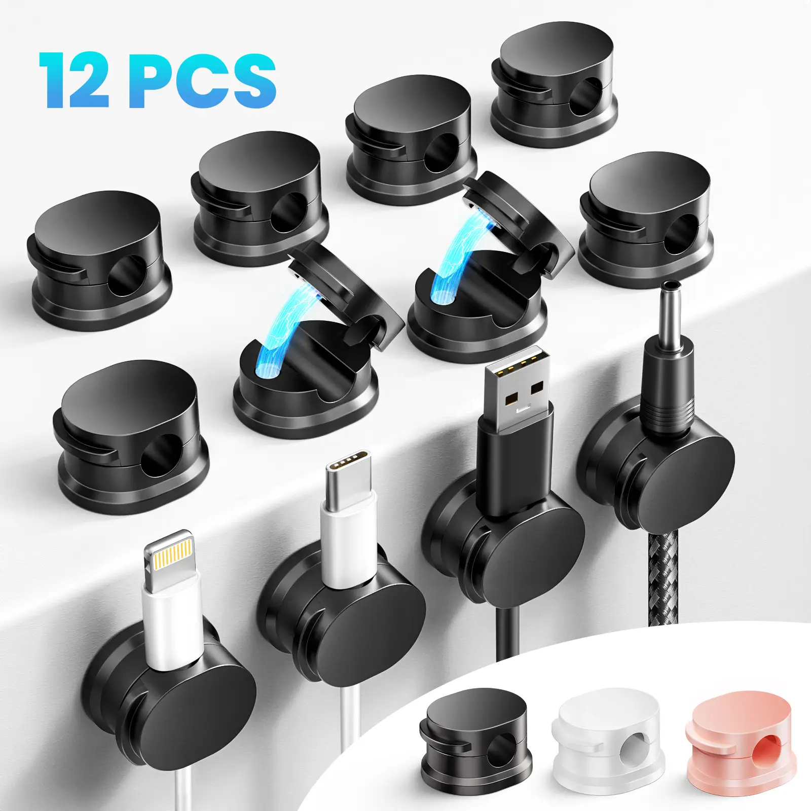 12 Pack Cable Management Holder - Magnetic Cord Organizer Adhesive For Hide or Organize USB Charger Cable on Bedside Tables, Walls & Cars