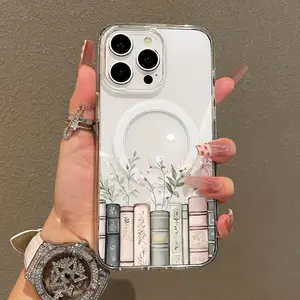 Soft Girl Magnetic Case for iPhone 17 Promax 17 Air 16 Plus 15 14 13 12 11 Xsmax, Floral Bookshelf Lightweight, Drop-Proof, MagSafe Compatible,Perfect for Teen Girls.HM17