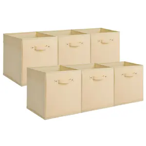6-Pack 11 Inch Fabric Storage Bins with Faux Leather Handles, Foldable Cube Organizer Baskets for Shelves and Closet, Collapsible Storage Boxes for Clothes Toys, Beige