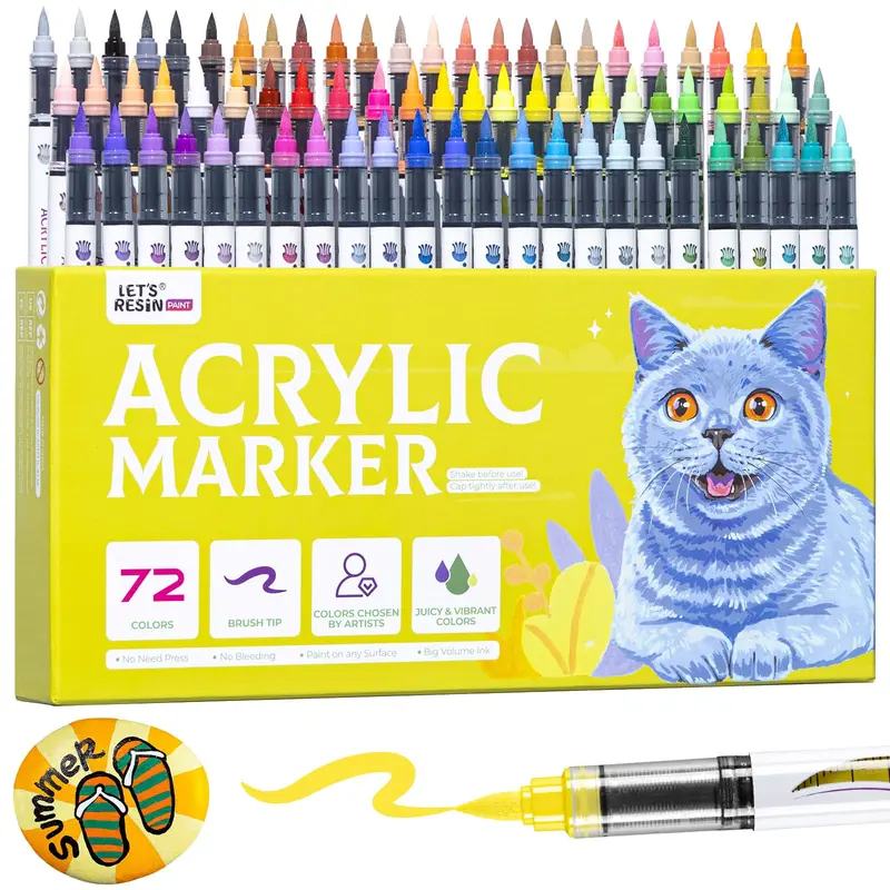 Acrylic Paint Markers, 72 Colors with 1-8mm Brush Tip, Quick-Drying No-Bleed Ink & High Coverage for Coloring Books, Rock Painting, Canvas Art, DIY Crafts, Girls' Craft Nights & Handmade Gifts - LET'S RESIN