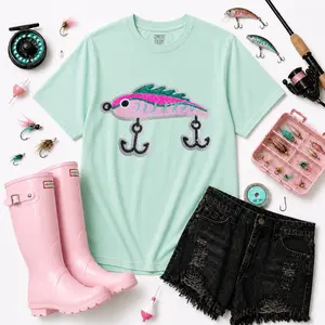 Pink Lure Fishing Sequin Patch Tshirt