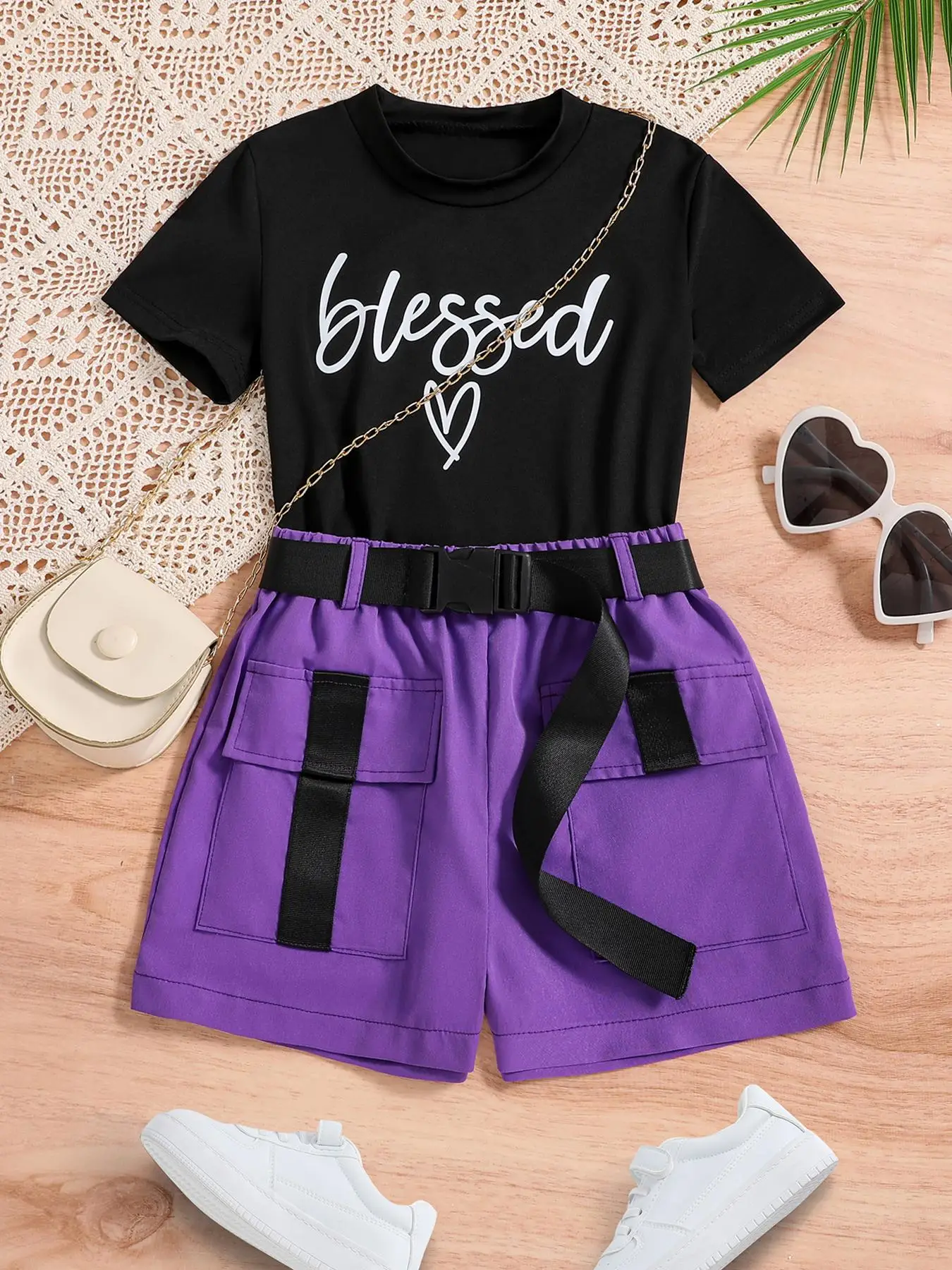 Girl's Letter Print Tee & Belted Shorts Set, Casual Short Sleeve Round Neck T-shirt & Pocket Cargo Shorts, Kids Summer Clothes, Summer Outfits 2024