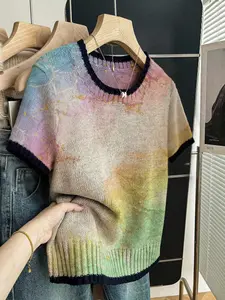 Gradient Print Round Neck Sweater, Casual Short Sleeve Knitwear for Spring Summer Fall, Comfortable Warm Women's Clothing