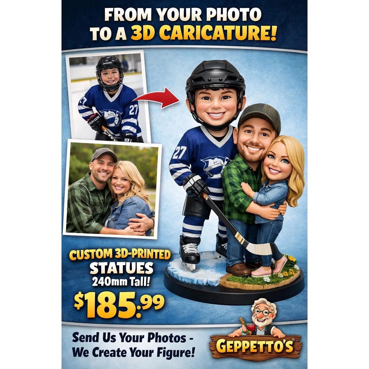 Custom 3D-Printed Caricature Statue - Fully Personalized via Your Photos, 240mm Tall Figurine for Hockey Fans, Custom 3D Design Collectible, Cake Topper, Birthday & Milestone Gift, Coaches & Team Award, Cake Toppers