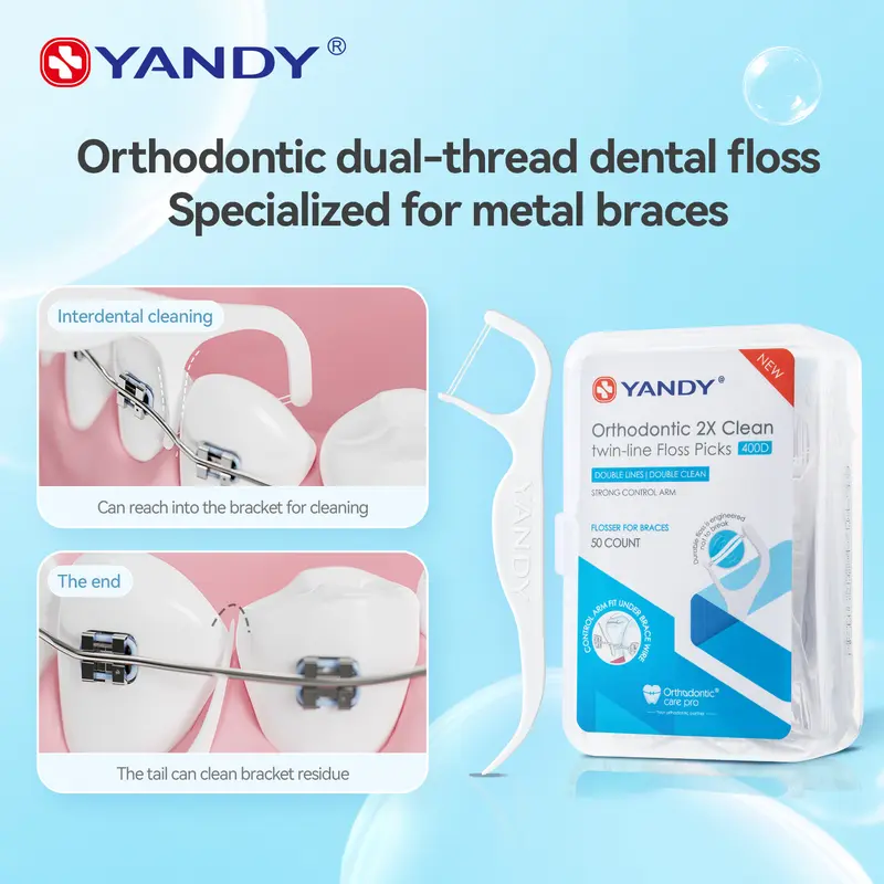 Orthodontic 2X Cleaning Dual-Line Floss Picks, 50-Count Travel Box – Safe for Braces, Gentle & Durable