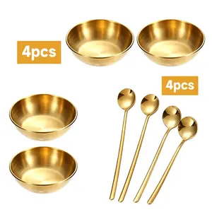 4 Pack Small Gold Bowl, 3.2 Inch Stainless Steel Sauce Dishes Mini Individual Sauce Cups Seasoning Soy Sushi Dipping Bowl Charcuterie Board Appetizer Plates, with 4 Stirring Spoons