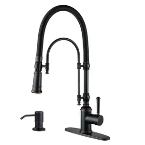 2-Functions Single Handle Gooseneck Pull Down Sprayer Kitchen Faucet with Spring Tube in Solid Brass Oil Rubbed Bronze with Soap Dispenser