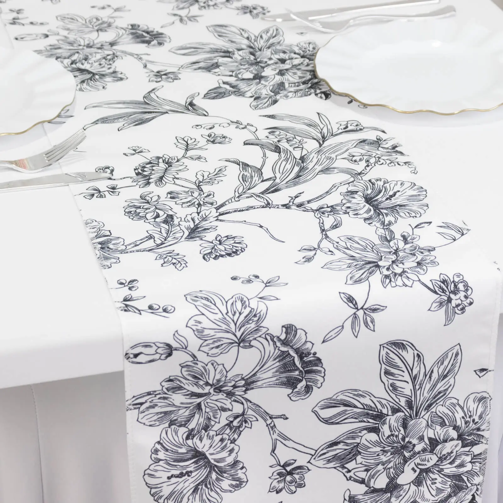 Polyester Table Runner, 12"x108" White with Black French Toile Floral Print, Reusable Banquet Table Décor for Household Kitchen Linens