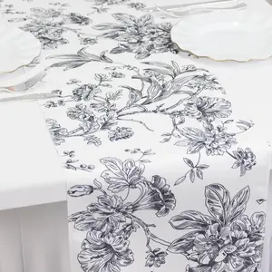 Polyester Table Runner 12"x108" White with Black French Toile Floral Print Reusable Table Décor