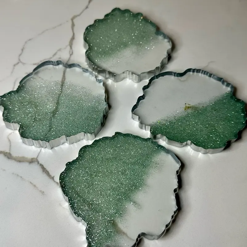 Emerald + Frost Resin Coaster Set Geode Inspired Luxe Home Décor with Sparkling Green and White Accents