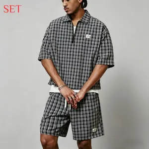 Men’s plaid short-sleeve set for summer: loose half-zip polo shirt + shorts, two-piece casual cool streetwear brand