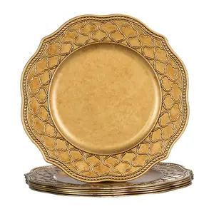 6-Pack 13" Retro Gold Moroccan Charger Tray Round Plastic Plate Chargers for Wedding Party Table Decor Elegant Design