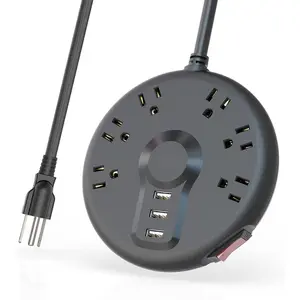 P-PSP01  Power Strip, 6 Outlets and 3 USB Ports 6.5FT Long Extension Cord, Circle Socket Overload Surge Protector, 100% Copper Core, Flat Plug Charging Station Compact for Office, Home, Travel (Black)