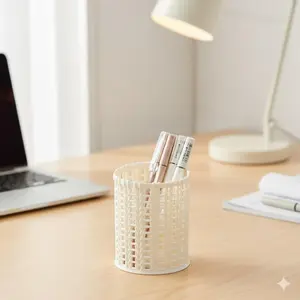 Multifunctional Desktop Organizer | Rattan-Style Plastic Pen Holder with Dustproof Design, Multi-Layer Hollow Storage Shelf for Stationery, Makeup, and Office Supplies | Ins Aesthetic Student & Home Decor for Dorm, Desk, and Study