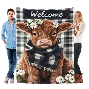 Cartoon calf pattern printed flannel blanket, a set of soft and warm comfortable throw blankets, suitable for home, office, travel, and decoration of children's rooms - a multi-functional blanket.