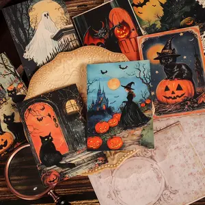12cards, 4envelopes, 32stickers Cat Halloween Thick Writable Postcard Set, DIY Decoration Cardboard, for Scrapbooking Supplies, Junk Journal, Greeting Card,  Halloween Decorations, Art Crafts