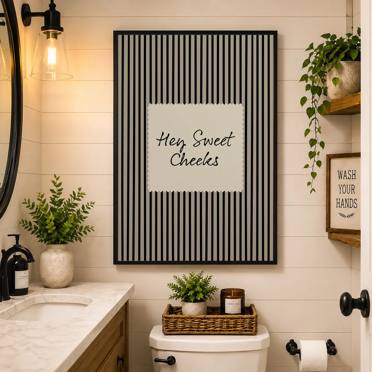 Funny Bathroom Wall Art, Hey Sweet Cheeks Canvas Print, Black Stripe Toilet Decor, Modern Farmhouse Bathroom Sign
