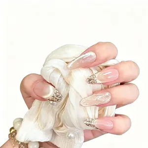 a25 Reusable Press-On Nails, 10 PCS Long Almond Fake Nail Extensions with Glossy Dreamy Art & 3D Charms for Women