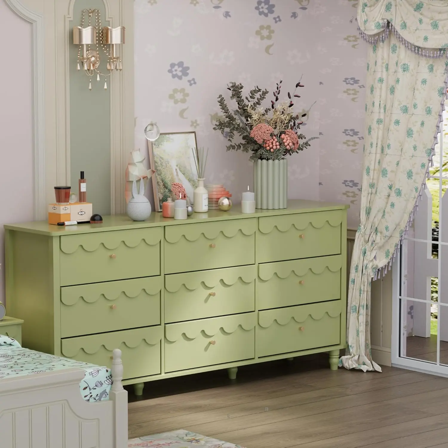 Anbuy 9 Drawer Dresser for Bedroom Green, Long Scalloped Chest of Drawers, Modern Wide Organizer Storage with Drawers, Fluted Petal Pattern Large Storage Cabinet, Living Room, Porch - TikTok Shop Anbuy 9 Drawer Dresser for Bedroom Green, Long Scalloped Chest of Drawers, Modern Wide Organizer Storage with Drawers, Fluted Petal Pattern Large Storage Cabinet, Living Room, Porch - TikTok Shop