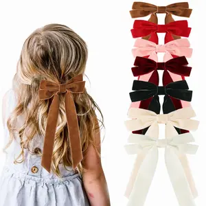 7Pcs Solid Velvet Hair Clips - Bow Barrettes, Ponytail Holder Accessories for Girls, Bow Barrette