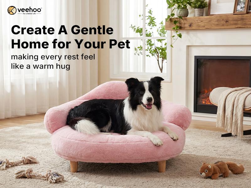 Veehoo Elevated Dog Couch Bed Ergonomic Spacious Light Pink 28L x 28W x 15H Sturdy Wood Legs Washable Cover Soft Cushion for Small Medium Dogs Modern Pet Bed