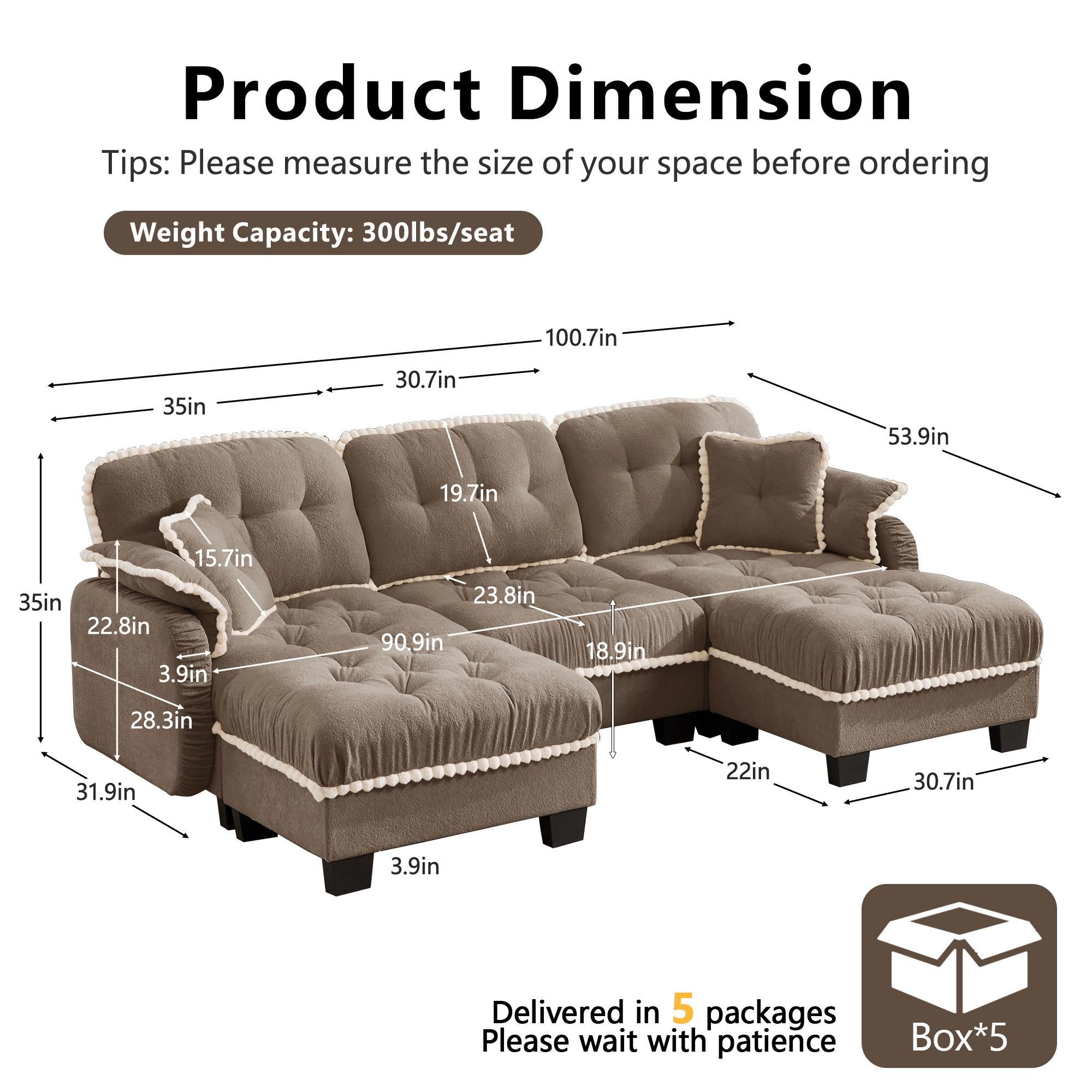 Eyisean 100.7in Chenille Modern Modular Sectional Sofa Furniture - 3-Seater U-Shaped Comfy Couch with Fixed Arms, Armrest Pillow, Back Cushion, 2 Movable Ottomans, Pom-Pom Trim Quilted Tufted Deep Seat, Ergonomic for Living Room Decor, Small Spaces, Ottom