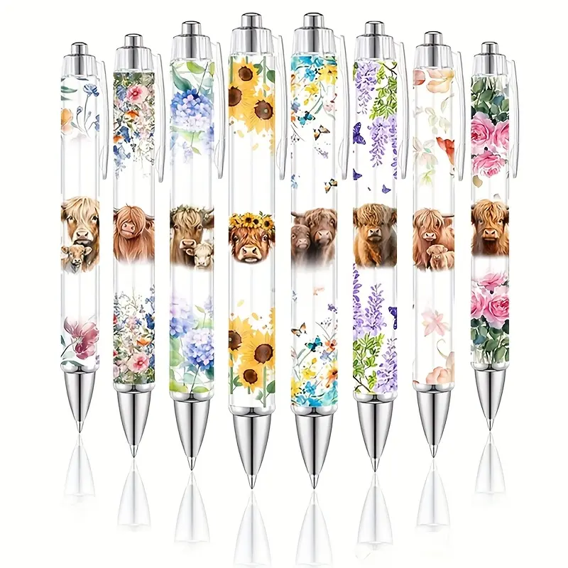 8pcs Highland Cow Print Aesthetic Animal Design Pens, Rustic Themed Party Gifts, Office Decor, Smooth Write, Quick-Dry Ink, Cute Ballpoint Pens for Women, Writing Tools