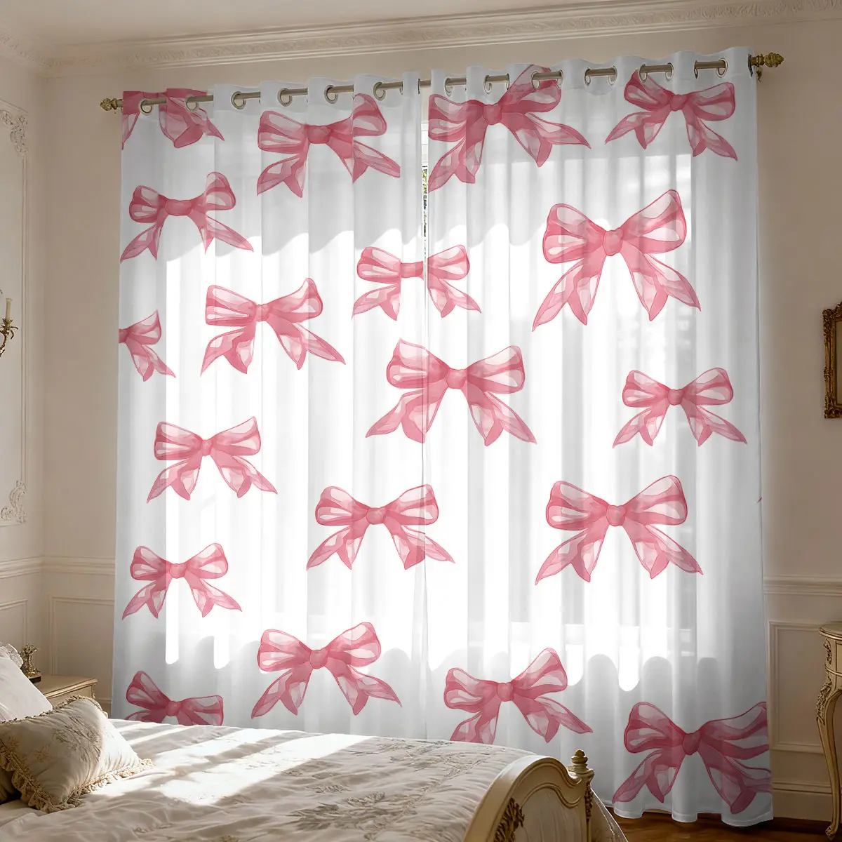 2 panels Bow Print Light Filtering Panels, Classic Polyester Ring Top Drapes Room Decor Window Curtain for Kitchen Living Room Bedroom Bathroom