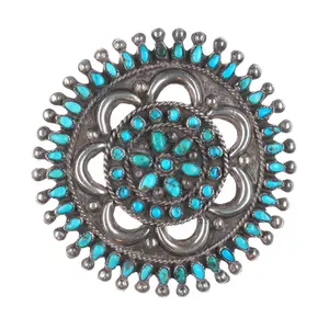 40's-50's Large Zuni needlepoint turquoise sterling silver repousse pin/brooch