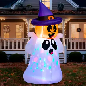 5 FT Tall Pumpkin Ghost Halloween inflatable outdoor decoration, inflatable yard decoration ghost with colorful LED lights, inflatable ghost with pumpkin witch hat, suitable for outdoor decoration Ornaments