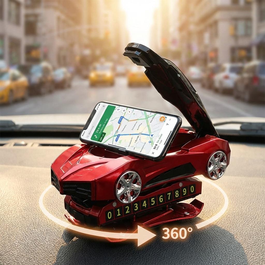 Car racing model mobile phone holder with 360-degree rotatable dashboard, center console mobile phone navigation holder, built-in parking number plate and aromatherapy design, suitable for Apple and Android phones, free number plate + aromatherapy