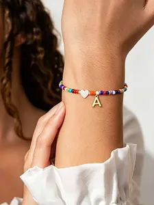 Summer Rainbow Beaded Initial Anklet/Bracelet, 26 Letters Custom, Colorful Beads & Heart Charm, Adjustable Chain, Boho Beach Style,Perfect for Vacation, Pool Days, Daily Wear, Meaningful Gift for Her, Best Friend, Mom, Birthday, Valentine’s Day.