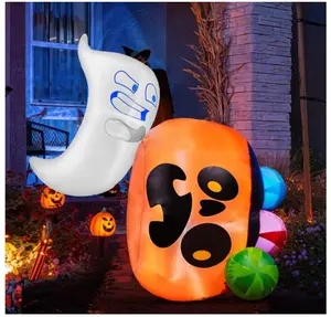 5 ft Tall Halloween Inflatable Outdoor Decoration, Halloween Blow Ups Cute Ghost Ghosts Halloween Decorations, Blow Up Ghost with Pumpkin Candy Bag with LEDs for Halloween Decor Light Set