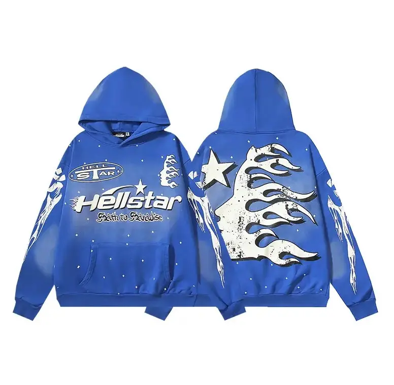Men's HELLSTAR Certified Professional Y2K Premium Washed Blue Casual Pullover Hoodie - Paint Splatter, Flame Face Silhouette, Standard Fit