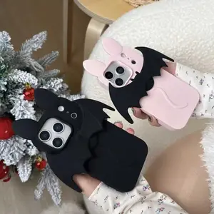 Cartoon Bat Cute Cat Ear Silicone Soft Case Cover Casing For iPhone 17 16 15 14 13 Pro Max - Shockproof Protective Cellphone Case Phone Protector Smartphone Accessories