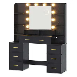 Sikaic Glass Top Makeup Vanity with Lighted Mirror Black