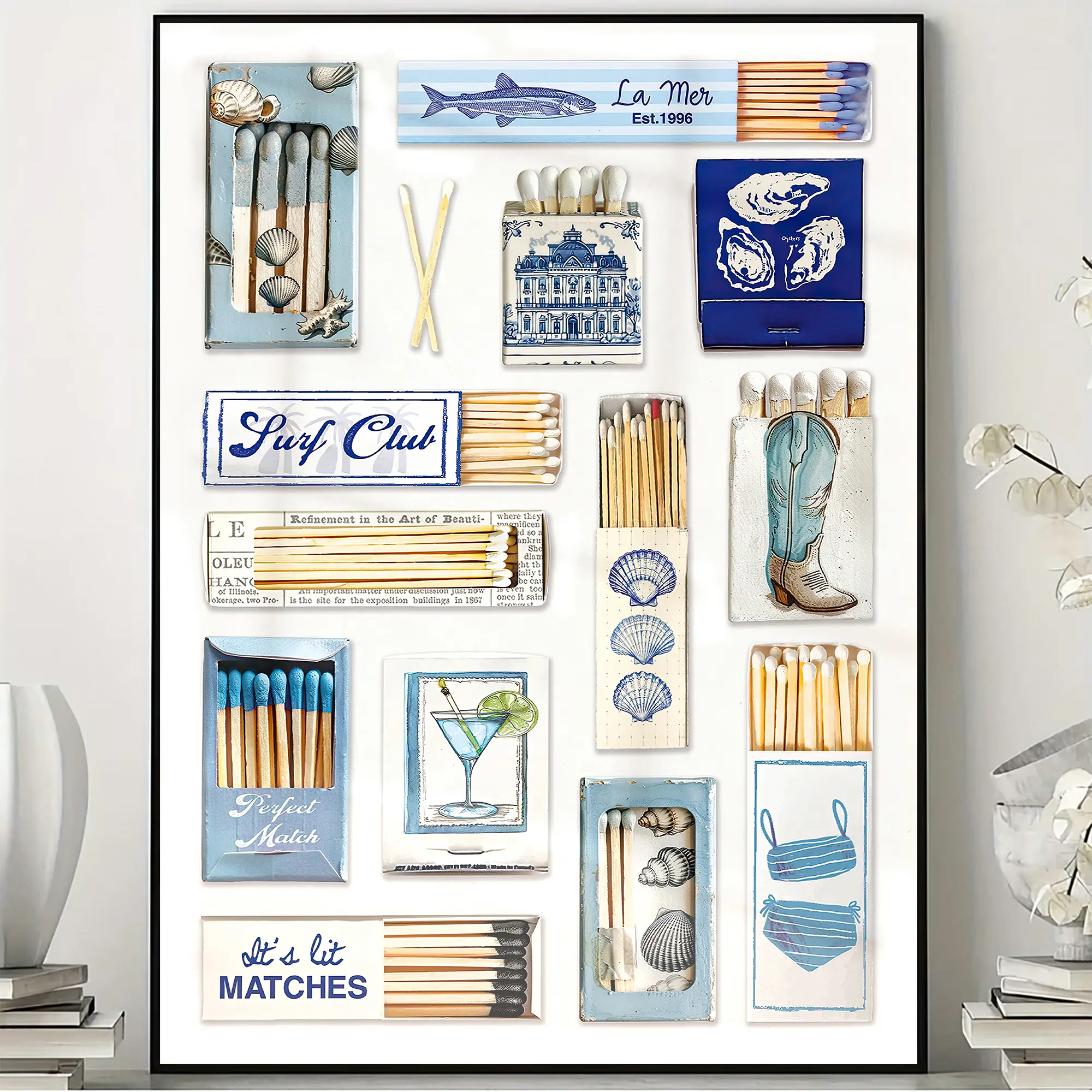 Vintage Blue Matchbox Poster, Retro Coastal Matchbook Wall Art, Preppy Apartment Decor, Trendy Aesthetic Print