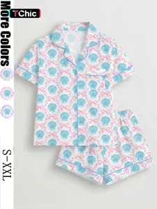 Women's Sleepwear Set, Cartoon Pattern Fitted Short Sleeve Top & Elastic Shorts, Valentine's Day Gift, Casual Home Wear