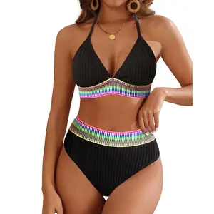 Yonique Women High Waisted Bikini Set - Push Up Two Piece Swimsuit Color Block Halter Bikini Ribbed Bathing Suit Swimwear