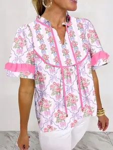 Summer Elegant French Style Girl Floral Bow Print Contrast Ruffle Short Sleeve Shirt, Chic Summer Top for Teens, Fashionable Casual Wear