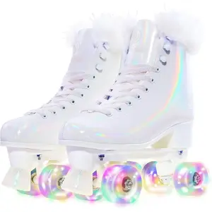 Roller Skates for Women, White Holographic High Top PU Leather Rollerskates, Shiny Double-Row Four  Giltter Wheels Quad Skates for Girls and  8-50 Indoor Outdoor (White Swan)
