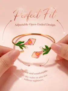 Pink Gradient Enamel Calla Lily 18K Gold Plated Adjustable Open Cuff Bangle, Dual Wear Floral Wrist Bracelet & Upper Arm Armlet, Romantic Vintage Jewelry Gift for Women Birthday Anniversary