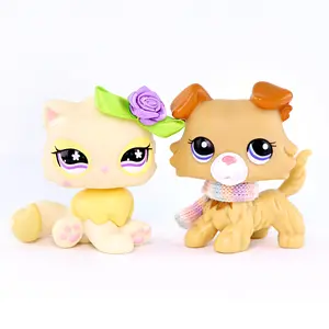 2 Pcs Mini Pet Figurines Set, Cartoon Fluffy Longhair Cat & Collie Puppy Mini Figures with Floral Bow Hair Clip, Rainbow Knit Scarf Accessories, Collectible Small Animal Statues, Girls Pretend Play Birthday Gift