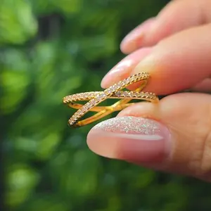 PAVOI 14K Gold Plated Women's X Ring Simulated Diamond CZ Criss Cross Ring