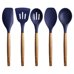 Non-Stick Silicone Kitchen Utensils Set with Natural Acacia Hard Wood Handle, 5 Piece, Midnight Blue, BPA Free, Baking & Serving Silicone Cooking Utensils Wooden