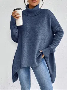 Women's Chunky Knit High-Neck Turtleneck Long-Sleeve Sweater, Casual Loose-Fit Pullover with Irregular Hem, Fashionable Fall & Winter Wear Womenswear Knitwear