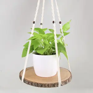 Macrame Plant Hanger Shelf - Hanging Planters for Indoor Plants - Hanging Plant Holder with Raw Wood Shelf planter pot