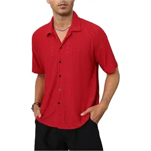 VIPWOLF Men's Hollow Out Vacation Shirts Eyelet Embroidery Short Sleeve Button Up Beach Shirt