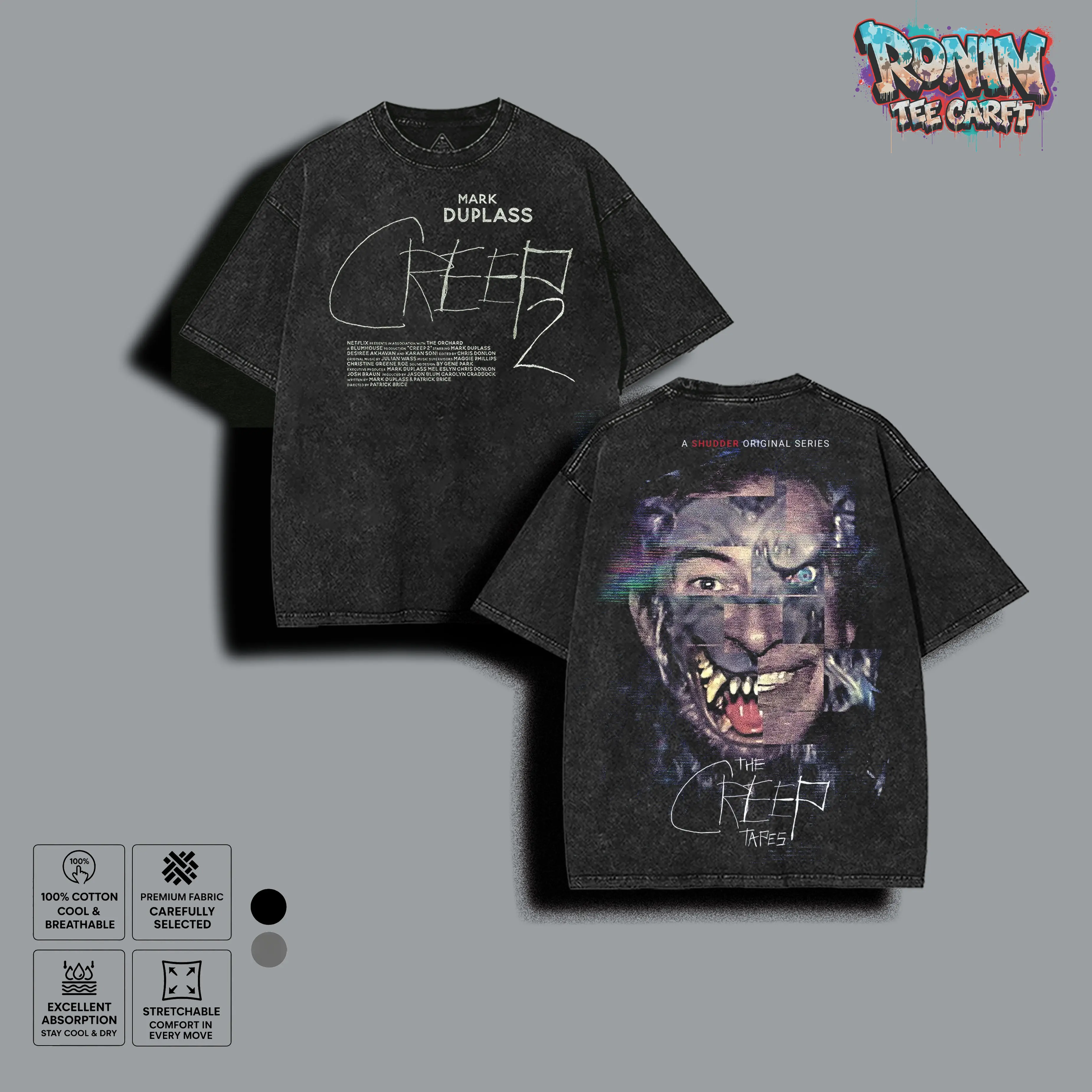 Men's Casual Cotton Round Neck T-Shirt - Creepy Horror Streetwear Vintage Washed Top, Glitch Face Dark Aesthetic Graphic, The Creep Tapes Inspired Unisex Oversized Menswear Tee, Fabric, Tshirt, Seamless, Loose-Fit