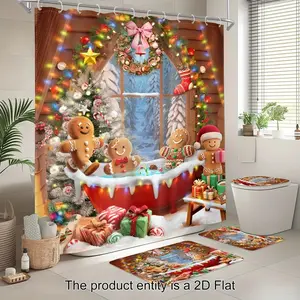 1/4pc Funny and Cute Brown Gingerbread Man Bathtub Winter Snow Christmas Tree Pattern Shower Curtain Set, Holiday Design, Non-slip Mat, U-shaped Rug, Toilet Seat Cover, Perfect for Bathroom Decor, Includes 12 Shower Curtain Hooks